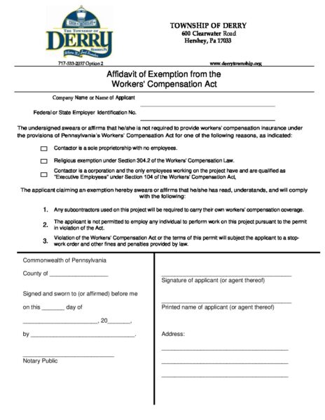 Workers compensation insurance exemption form - Derry Township
