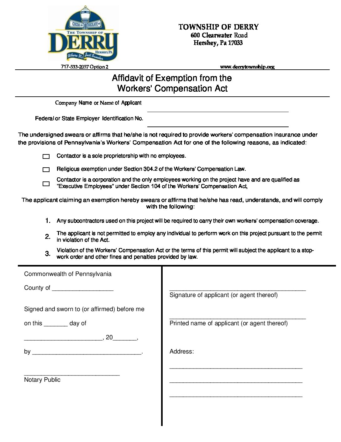 Workers compensation insurance exemption form - Derry Township